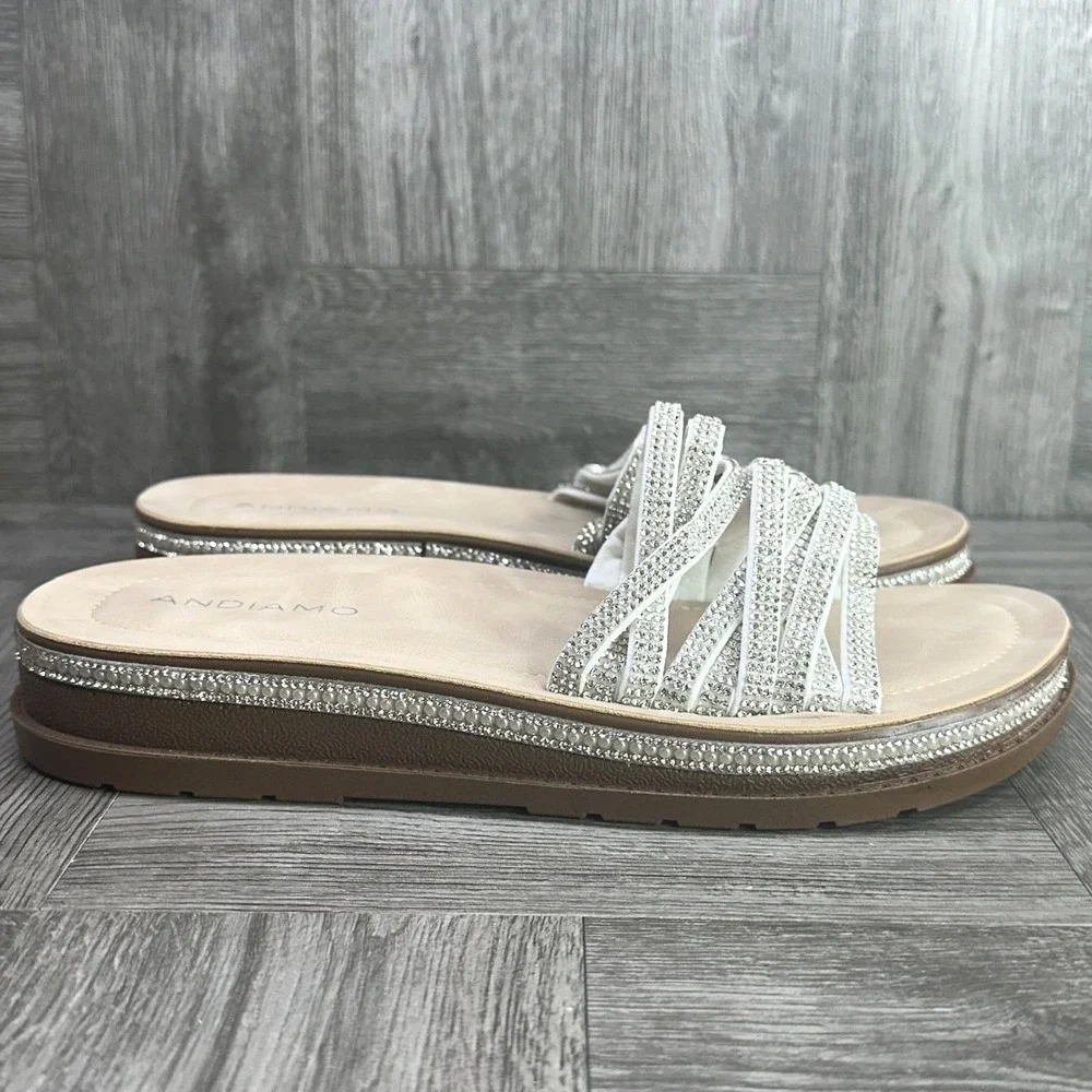 Andiamo Apamela Sandals Womens 8 White Rhinestone Pearl Platform Slide‎ NEW